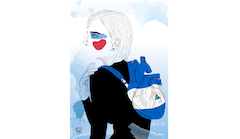 An illustrated, abstract image of a students wearing a backpack that looks like the heart organ.