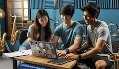 Three students look at a laptop while sitting in a music room with instruments in the background.