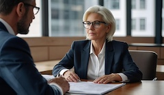 A woman sits across from a man for an interview. 