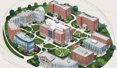 An illustrated aerial view of a university campus featuring several interconnected academic buildings surrounding a central courtyard. The central building, labelled “Public Health,” is prominently situated among other structures, representing interdisciplinary connections within a cohesive academic environment. 