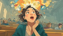 An AI-generated image of a student in a library with "ideas" coming out of their head.