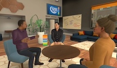 An computer-generated image from a virtual reality simulator showing three people in conversation.