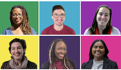 Six headshots of individual scholars each on a different colored background.