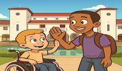 Illustration of two students smiling and high-fiving outside a school.